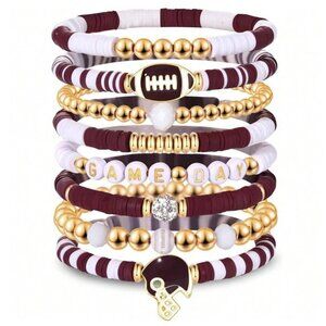 Burgundy and White Game Day Bracelet Set (8 Individual Bracelets w/Charms).